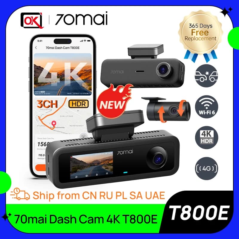 70mai 4K Dash Cam T800E Support 3-Channel Car DVR 4K + Rear 1080P + Interior 1080P HDR Supercapacitor Built GPS 24H Parking Mode