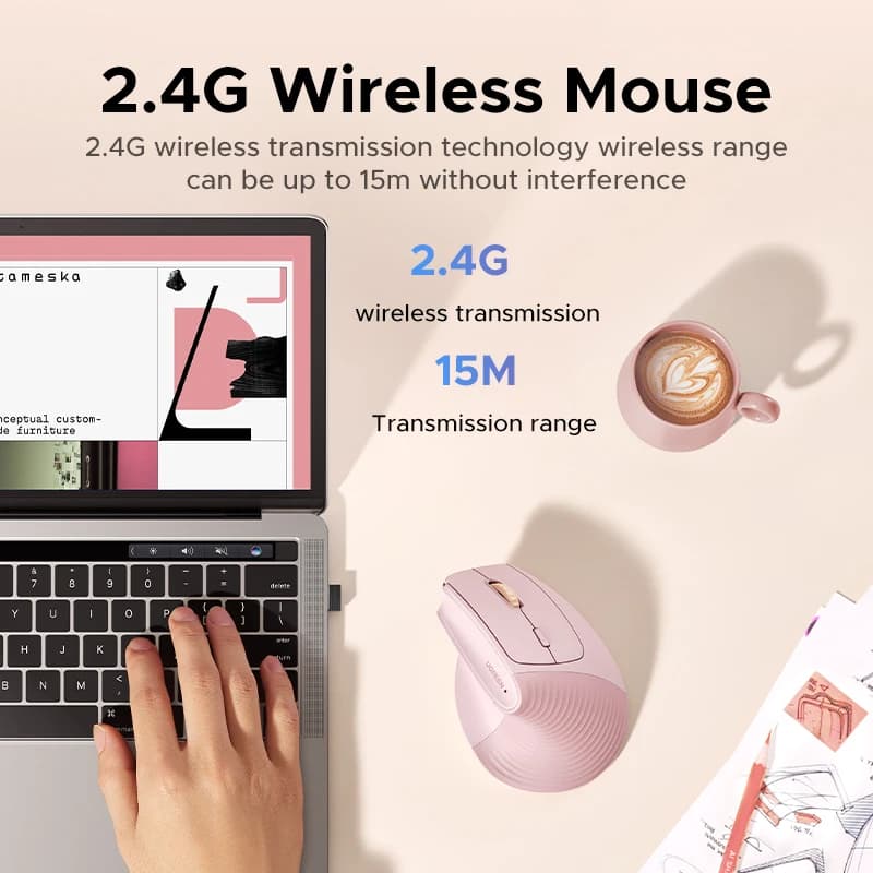 UGREEN Vertical Wireless Mouse 2.4G Ergonomic 4000DPI 6 Mute Buttons for MacBook Tablet Laptops Computer PC Mice Black Pink - 6