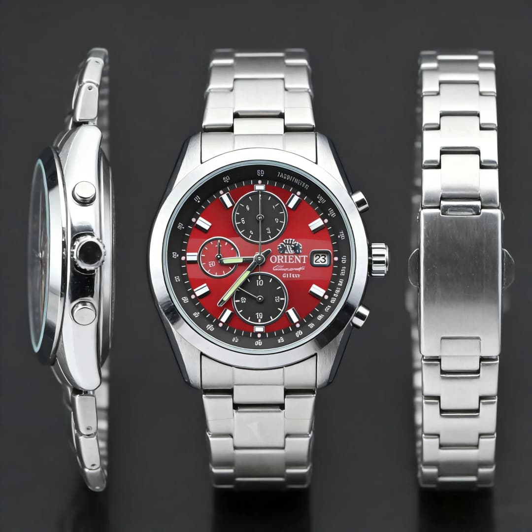 Orient Men's Quartz Chronograph Watch Red Dial Stainless Steel Band 100M Waterproof Sport Wristwatch - 3