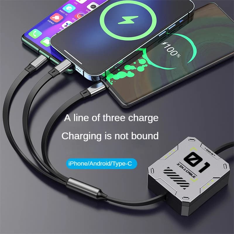 3 in 1 Multi Retractable USB Phone 100W Fast Charging and Data Cable for Lightning/Android/Type-C Devices - 2