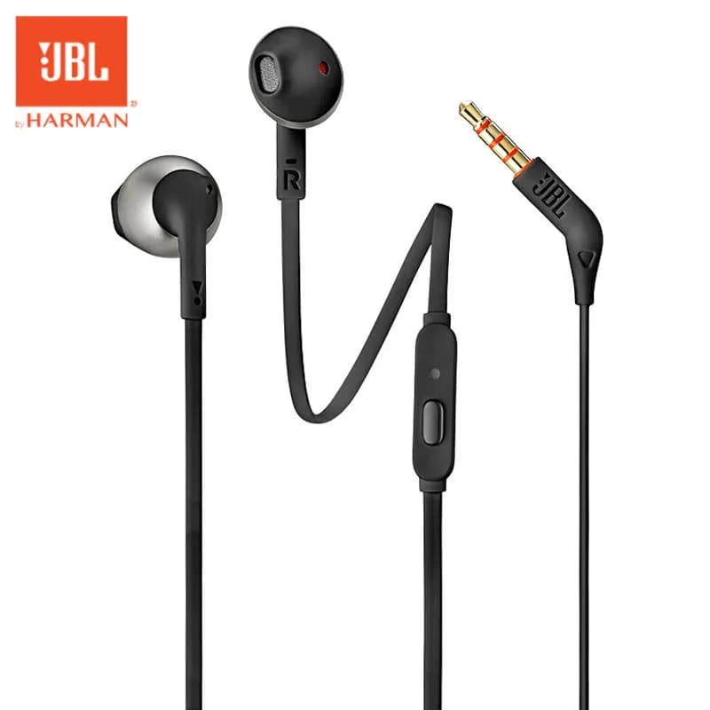 سماعات أذن شبه داخلية JBL T205 مرخصة رسمياً مع ميكروفون مدمج وواجهة 3.5 ملم وتحكم عن بعد للمكالمات والألعاب الرياضية