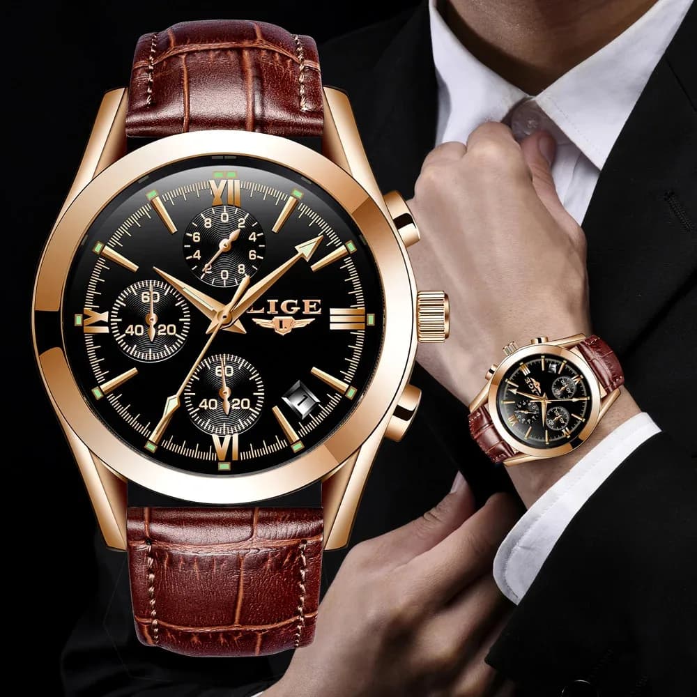 LIGE New Fashion Men's Watches Top Brand Luxury Casual Military Leather Quartz Man Watch Business Waterproof Sports Chronograph