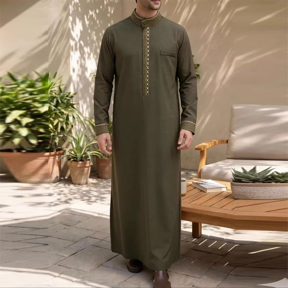 ثوب رجالي إسلامي بأكمام طويلة، رداء مطرز كلاسيكي، أسلوب عرقي عربي، رداء رسمي وكاجوال للصلاة