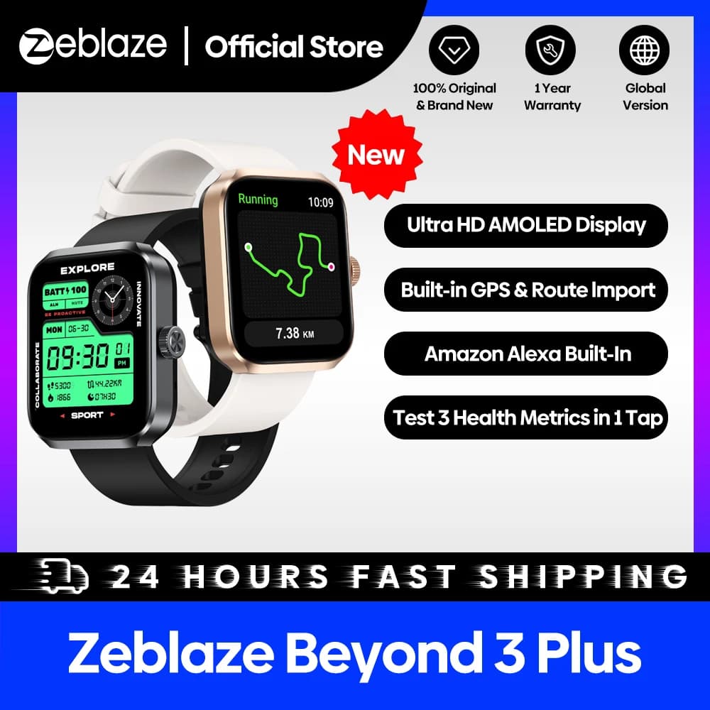 زيبلايز بيوند 3 بلس ساعة ذكية GPS شاشة AMOLED 1.78 بوصة مدمج GPS وأمازون أليكسا إجراء/استقبال المكالمات 3ATM