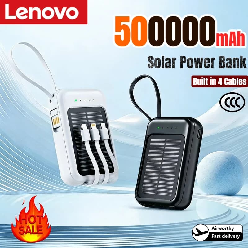 Lenovo 500000mAh Solar Power Bank High Capacity Fast Charging Built in 4 Cables Powerbank Outdoor Spare Battery For All Phones