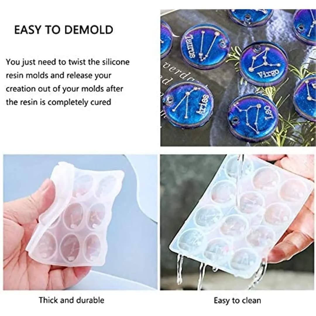 12 Zodiac Constellation Resin Molds, Round Zodiac Sign Epoxy Resin Molds for Jewelry Making DIY Craft - 3