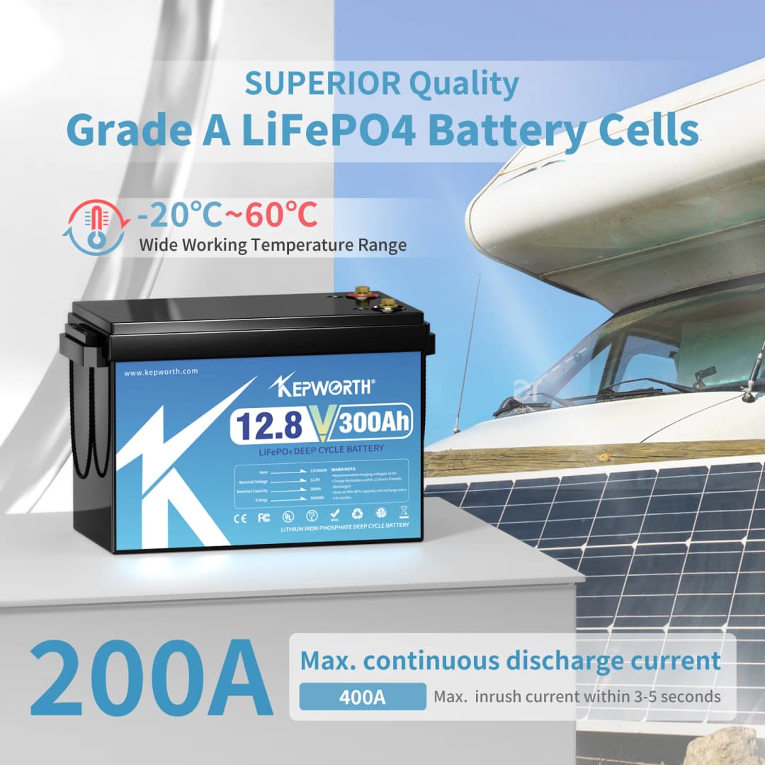 بطارية KEPWORTH 12V، 180Ah/300Ah، فوسفات الحديد الليثيوم، مع نظام إدارة بطارية محسن، 6000 دورة، مناسبة لسيارات RV وعربات الجولف والطرق الوعرة والخارجية - 5