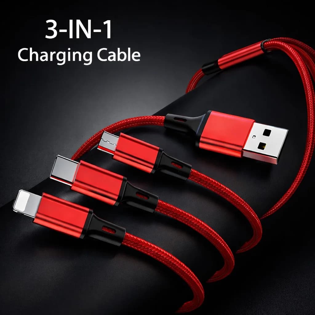شاحن 3 في 1، كابل USB شحن سريع نوع C ومايكرو ولايتنينج، متوافق مع آيفون وهواوي وسامسونج، سلك مضفر من النايلون - 2