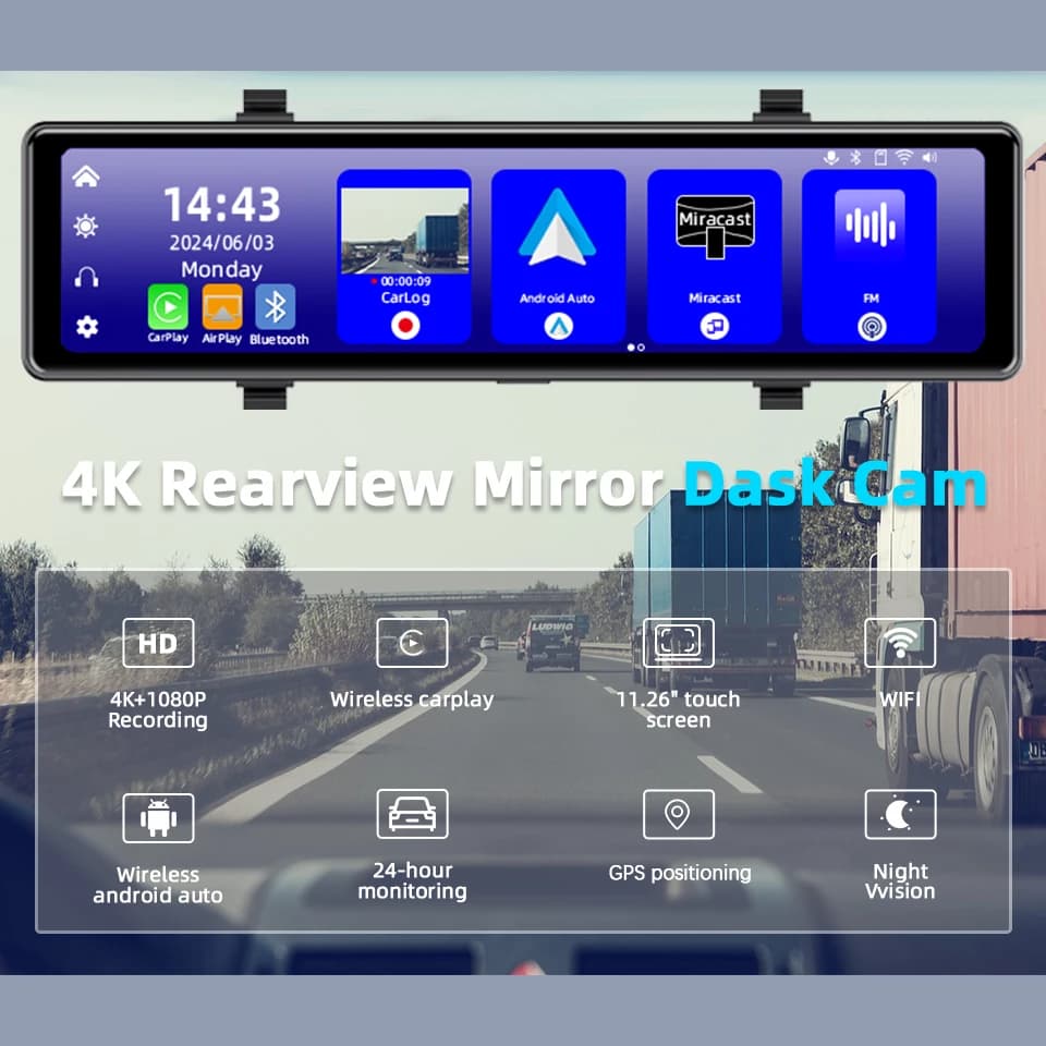 كاميرا لوحة القيادة عالية الدقة 4K مع نظام أندرويد وكاربلاي وواي فاي وبلوتوث وراديو FM ومدخل AUX وكاميرا خلفية اختيارية بدقة 1080 بكسل تدعم نظام تحديد المواقع العالمي وتسجيل فيديو السيارة - 2