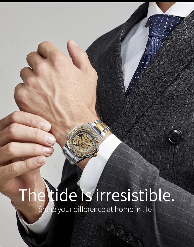 ساعة يد رجالية أوتوماتيكية من لونجلوكس، فاخرة، ستانلس ستيل، هيكلية، مقاومة للماء، مرصعة بالألماس - 3