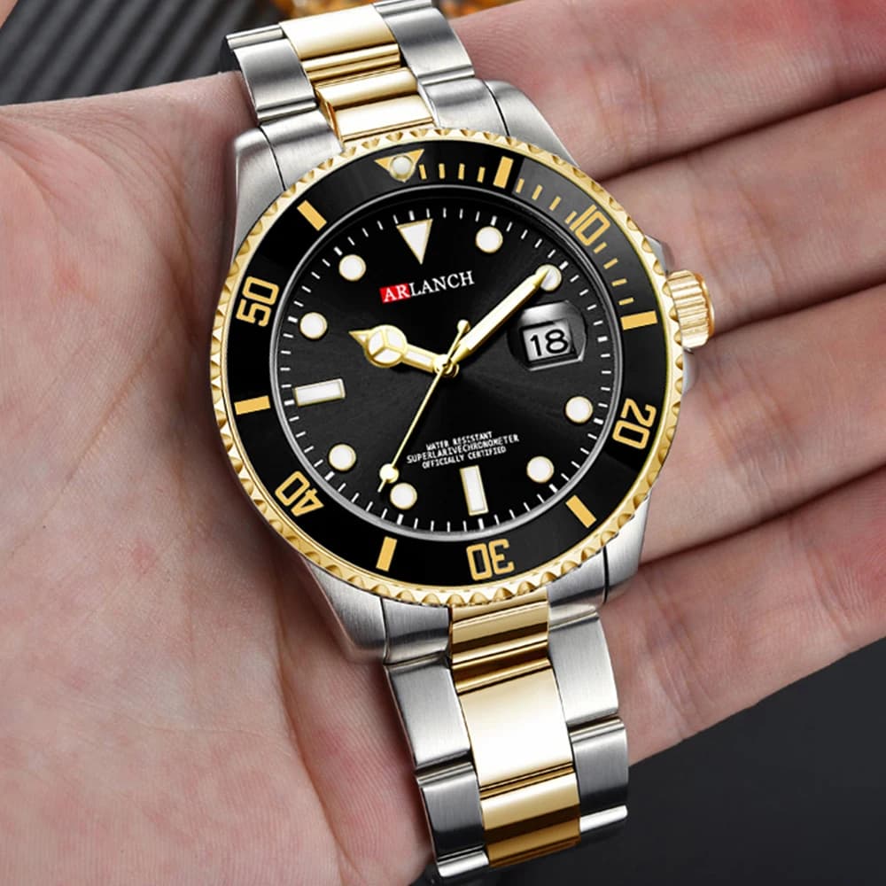 ساعة كوارتز رجالية كلاسيكية بسوار ستانلس ستيل تصميم أعمال غير رسمي 40 ملم ميناء أسود وذهبي مقاومة للماء 3Bar سلسلة ساعات reloj - 5