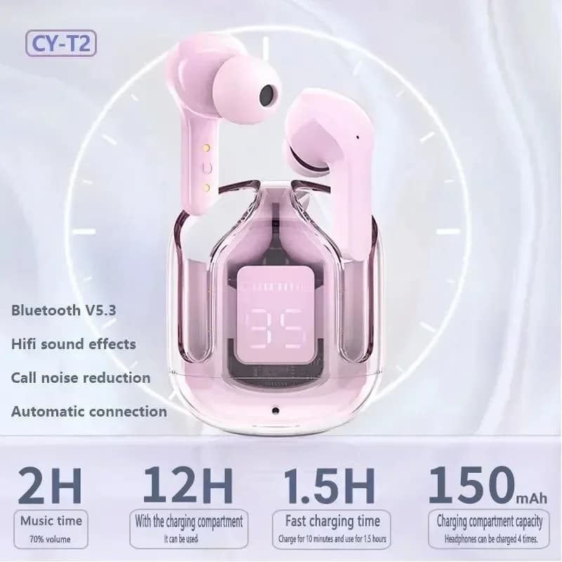 Original T2 Wireless Bluetooth Earphone Transparent HIFI Headphones LED Power Digital Display Stereo Sound Earphones for Xiaomi - 3