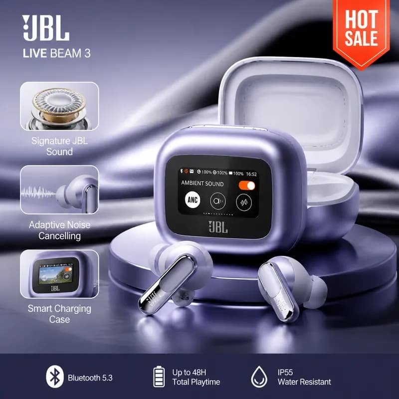 سماعات الأذن اللاسلكية الأصلية JBL Live Beam 3 بتقنية البلوتوث مع صندوق عرض ذكي LED وسماعات رأس مع إلغاء الضوضاء Beam3