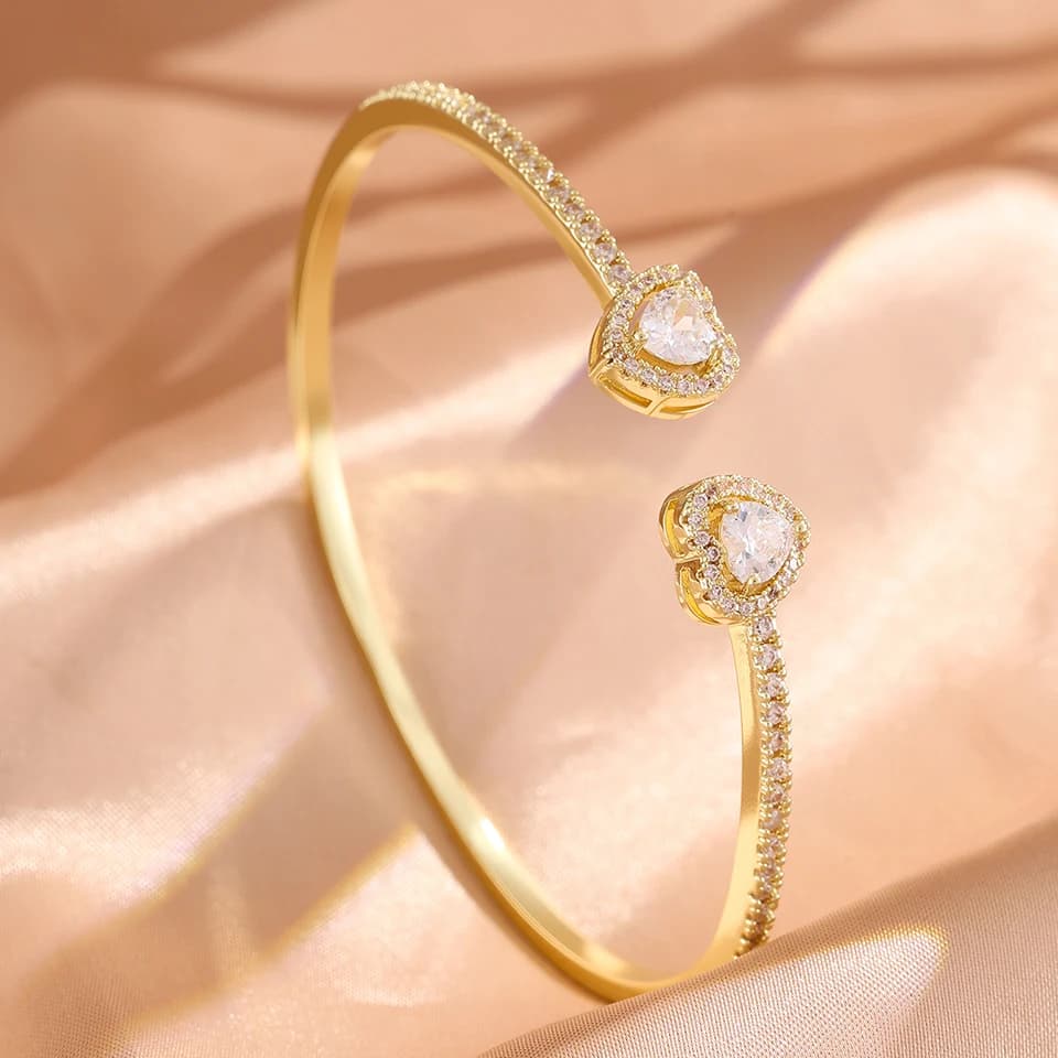 Yupsk 1/3pcs 18K Gold Plated Stainless Steel Heart Bracelet Set Fashion Zirconia Open Bangle Women's Bracelet Set For Daily Wear - 4