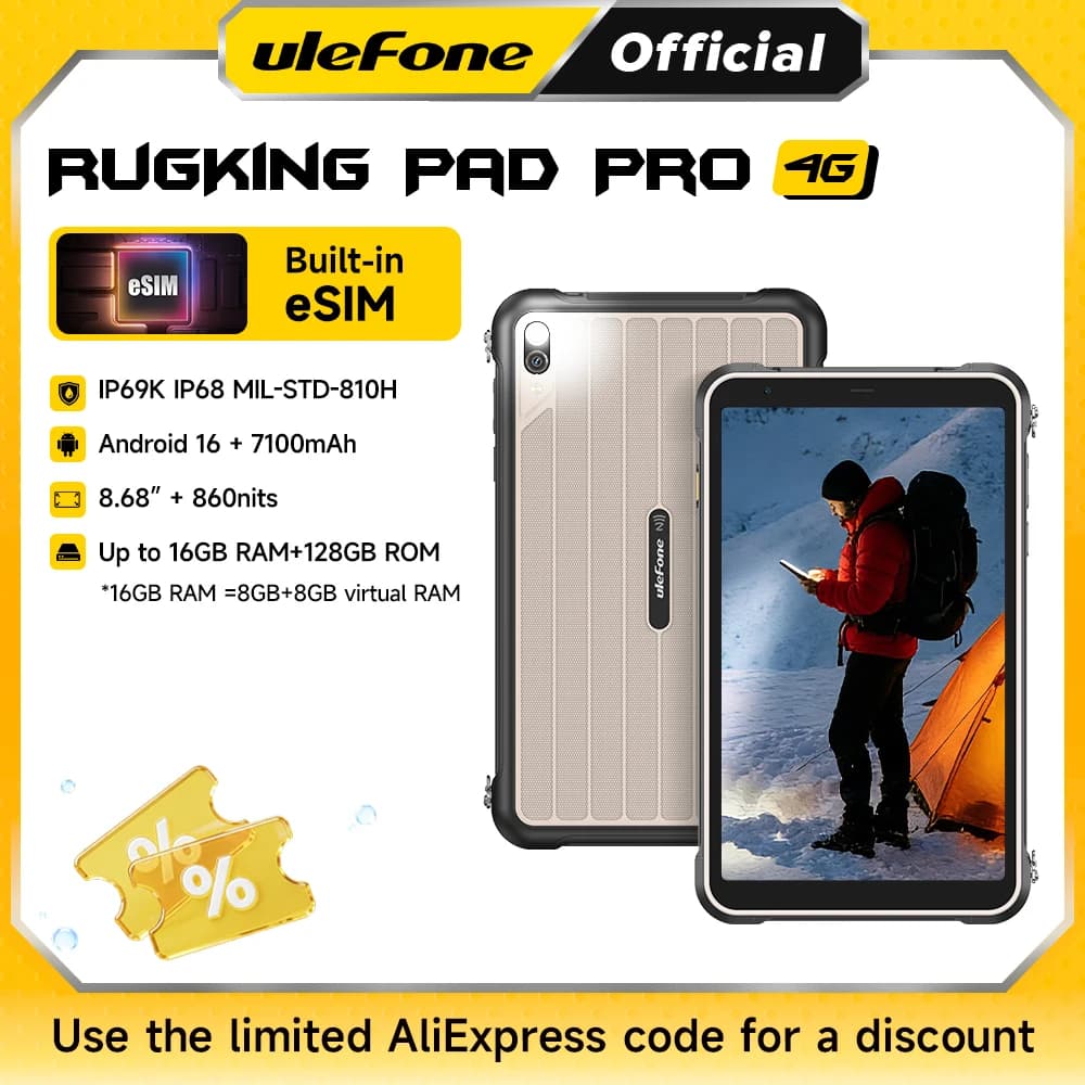 [Built-in ESIM] Ulefone RugKing Pad Pro Rugged Tablet 4G 8.68" 90Hz 7100mAh Android 16, Up to 16GB RAM 128GB ROM Global Version