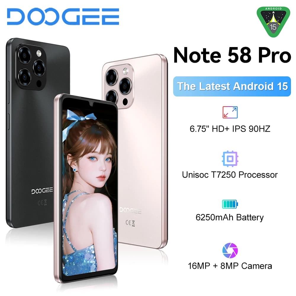 DOOGEE Note58 Pro Smartphone 6.75" HD+ Display Telephon Portable 8GB RAM 256GB ROM 6250mAh Battery Android 15 NFC Mobile Phones