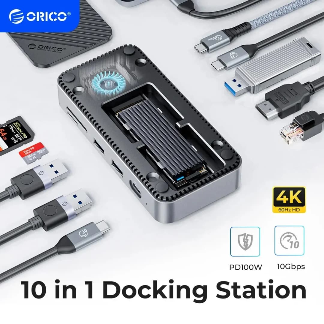 محطة إرساء ORICO DPM2P9 هاب USB C مع مروحة تبريد M.2 NVMe SSD غلاف خارجي 10 جيجابت في الثانية 4K، 60 هرتز HDMI-Com، RJ45 SDTF
