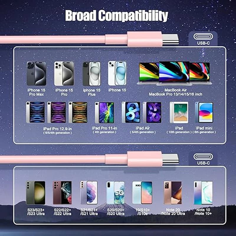 كابل USB C إلى Type C متعدد الألوان، PD شحن سريع، متوافق مع آيفون 15/15 برو، هواوي، سامسونج، شاومي Type C، أطوال 1م/2م/3م - 5