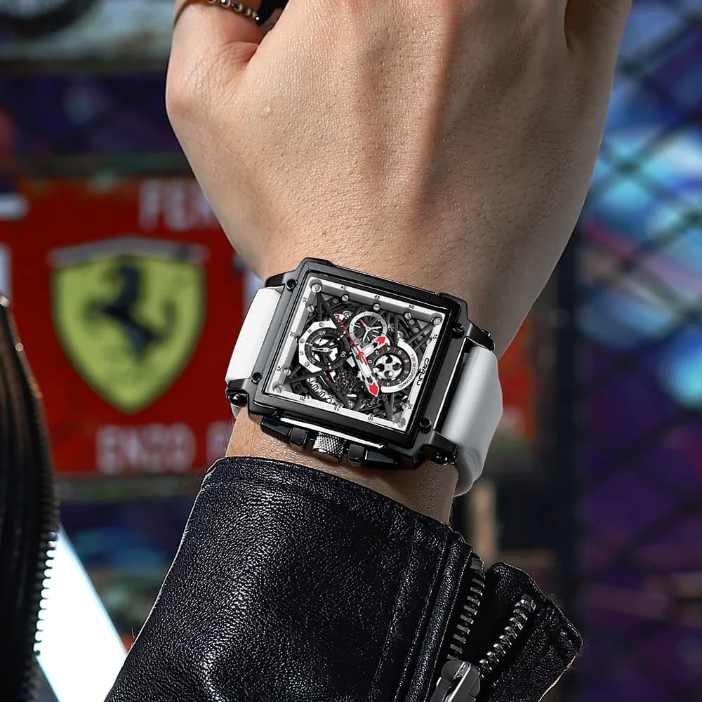 CRRJU ساعة معصم كرونوغراف رياضية للرجال حزام سيليكون عسكري ساعة إيقاف كوارتز مربعة ساعة رجالية - 6