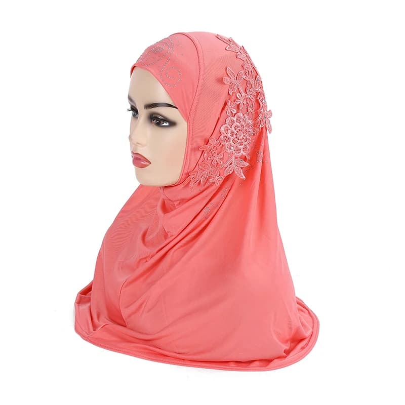 H027 حجاب مسلم كبير جميل للفتيات مع دانتيل وأحجار، وشاح إسلامي، شال، غطاء رأس، هدية رمضان - 2