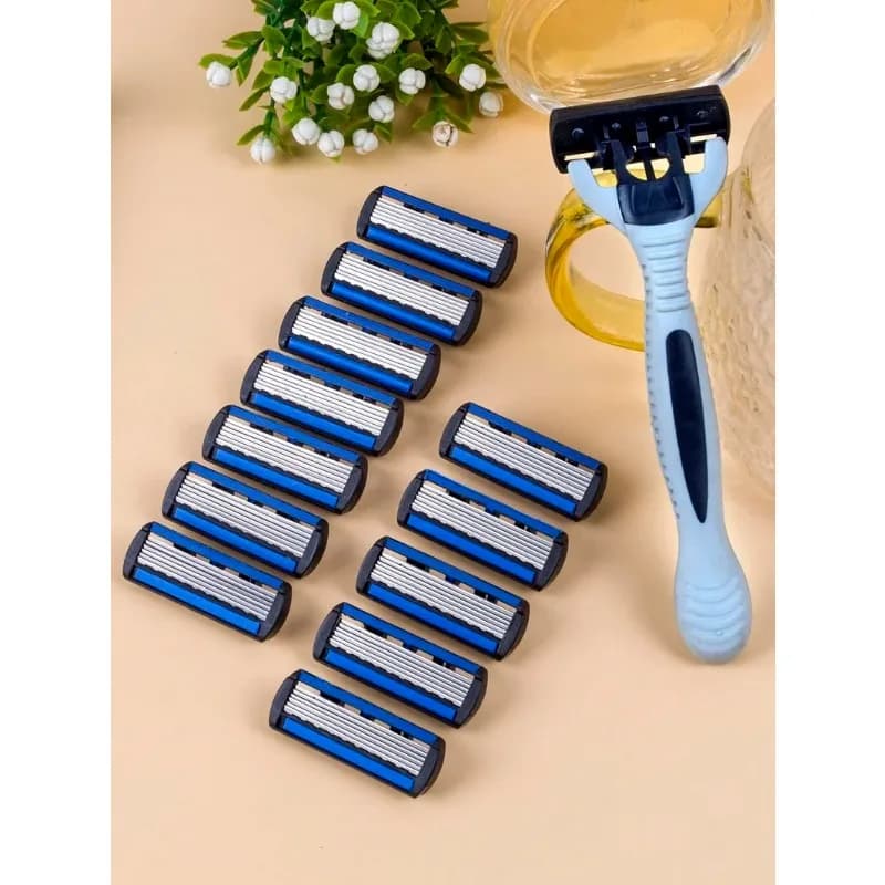 مقبض واحد + 12 شفرة، شفرة حلاقة يدوية آمنة للرجال والنساء، 6 طبقات من الفولاذ المقاوم للصدأ، رأس حلاقة قابل للاستبدال - 2