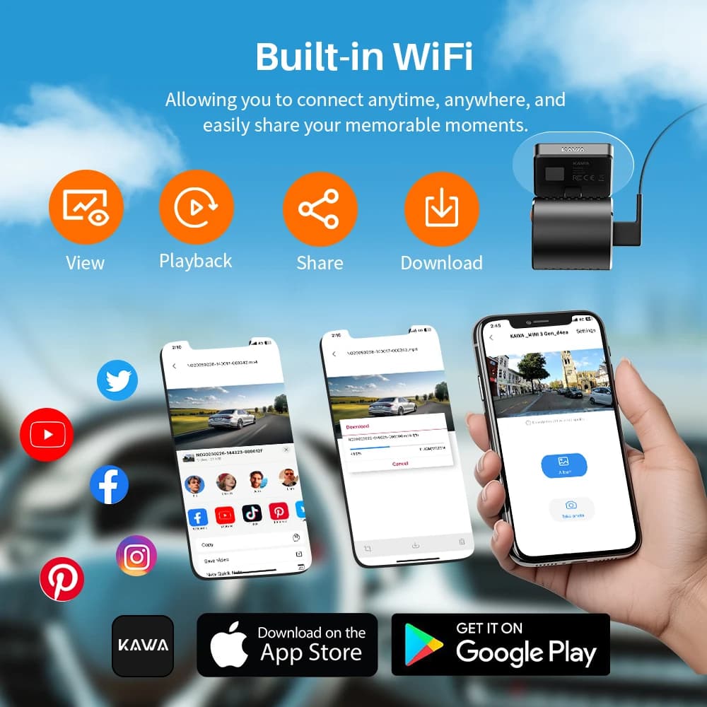 كاميرا سيارة KAWA MINI 3 Gen2، مسجل فيديو للسيارة، كاميرا DVR بدقة 2K مع واي فاي وتحكم عبر التطبيق/الصوت، رؤية ليلية محسنة - 4
