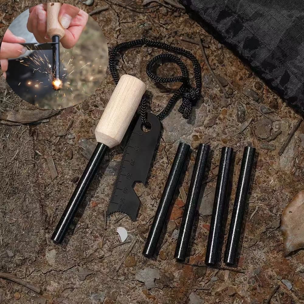 New Wilderness Survival Portable Flint Kit - Magnesium Fire Starter Stick with Wooden Handle for Camping Outdoor Equipment Tool - 3