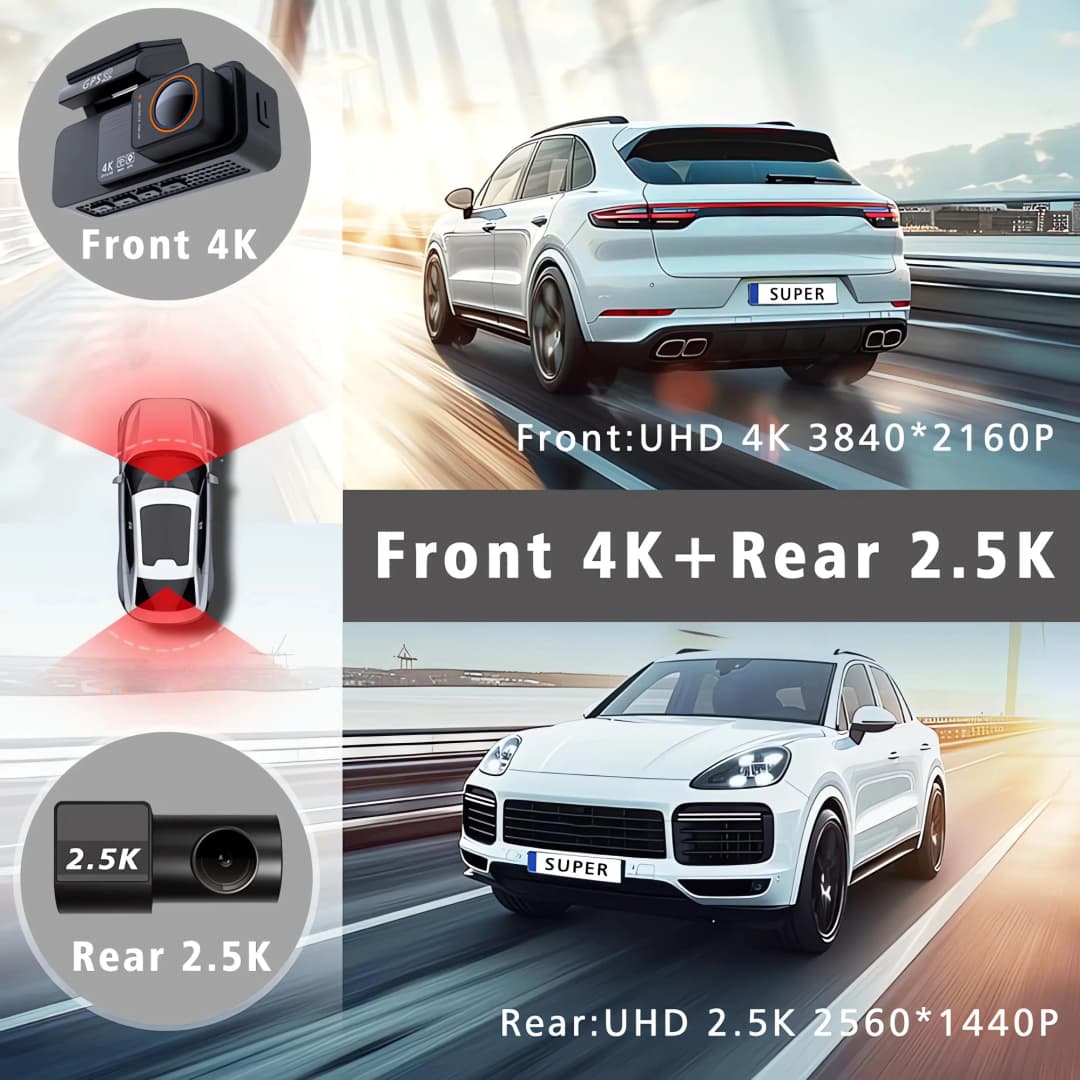 Dash Cam Dual Lens 4K UHD Recording Car Camera DVR Night Vision Video Recorder GPS Wi-Fi Room Black Box 2.5K Rear View Camera - 3