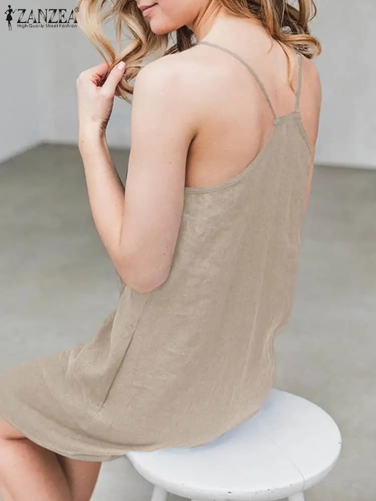 2023 ZANZEA Women Summer Backless Straps Dress Solid Sleeveless V-Neck Sundress Female Casual Robe Party Beach Vestidos Oversize - 3