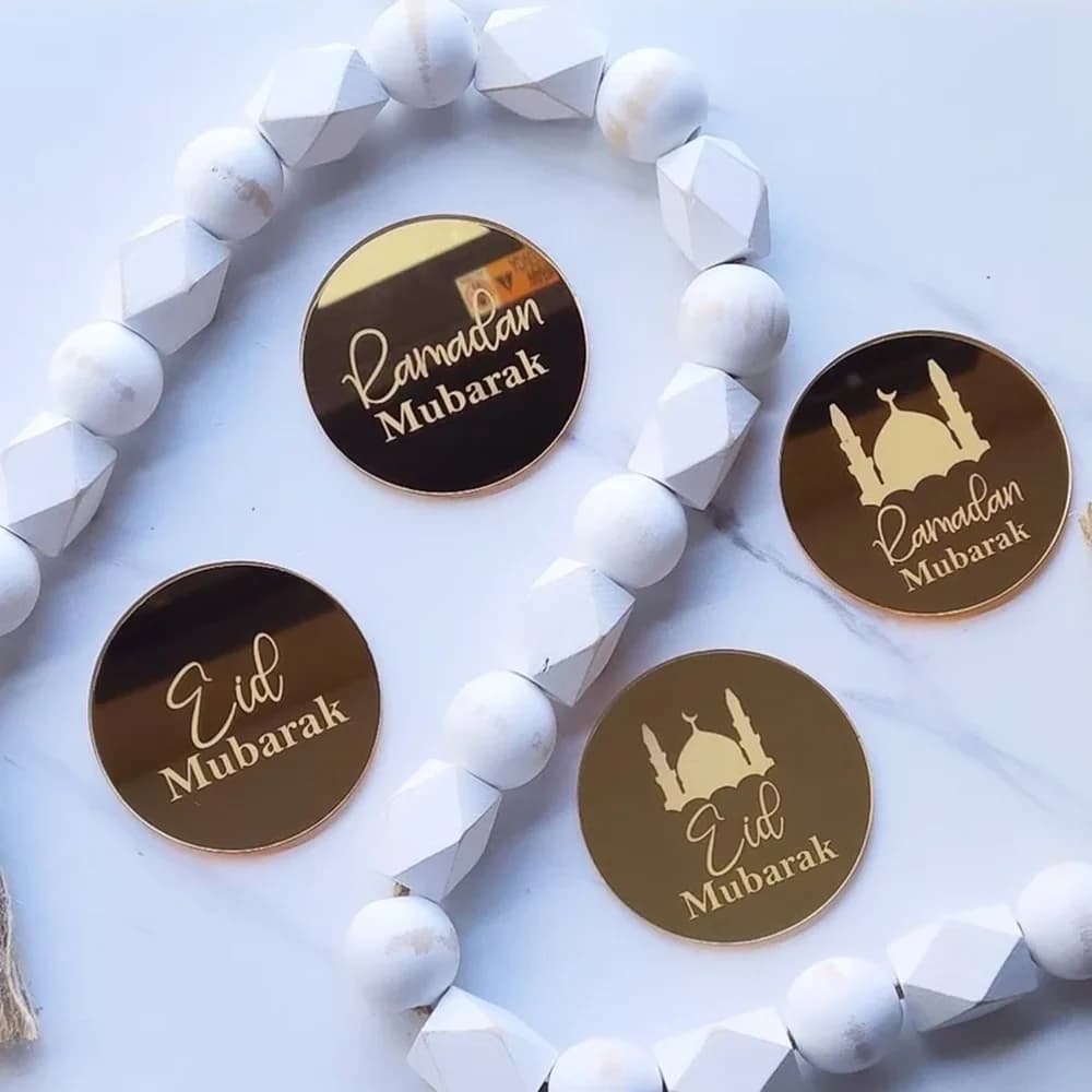10 قطع من زينة الكب كيك لعيد مبارك، مرايا أكريليك محفورة، بطاقات هدايا، زينة طاولة، عيد الأضحى