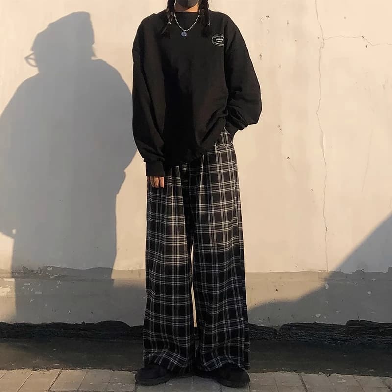 Oversize Pants Women Sweatpants Summer Fashion Black Plaid Casual Pants Elastic Waist Casual Pockets Student Unisex Trousers - 5