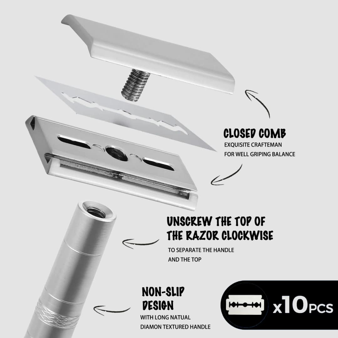شفرة حلاقة مزدوجة الحافة مع 5 شفرات احتياطية دقيقة بزاوية 30 درجة قابلة لإعادة الاستخدام للرجال والنساء - 3