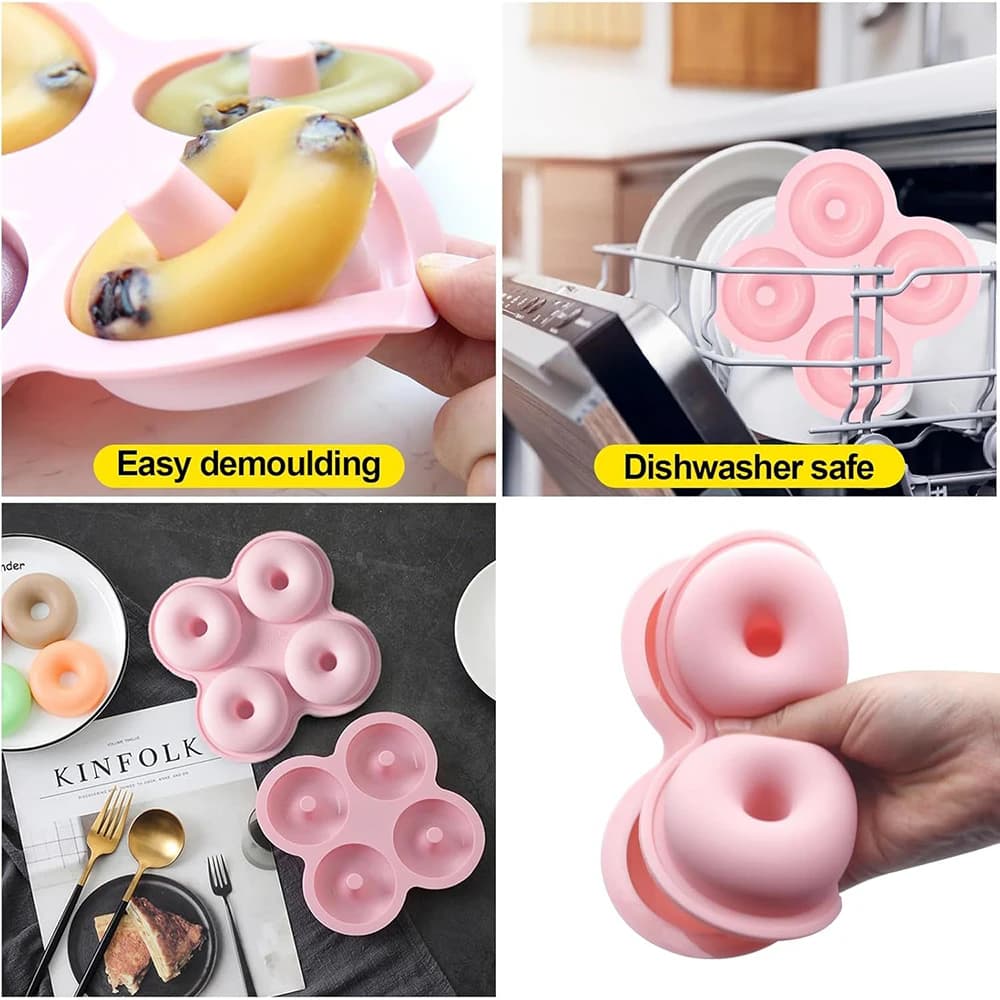 قالب دونات من السيليكون 4 فتحات صينية خبز غير لاصقة أدوات تزيين كعك شوكولاتة وحلويات DIY Bagels Muffins Donuts - 3