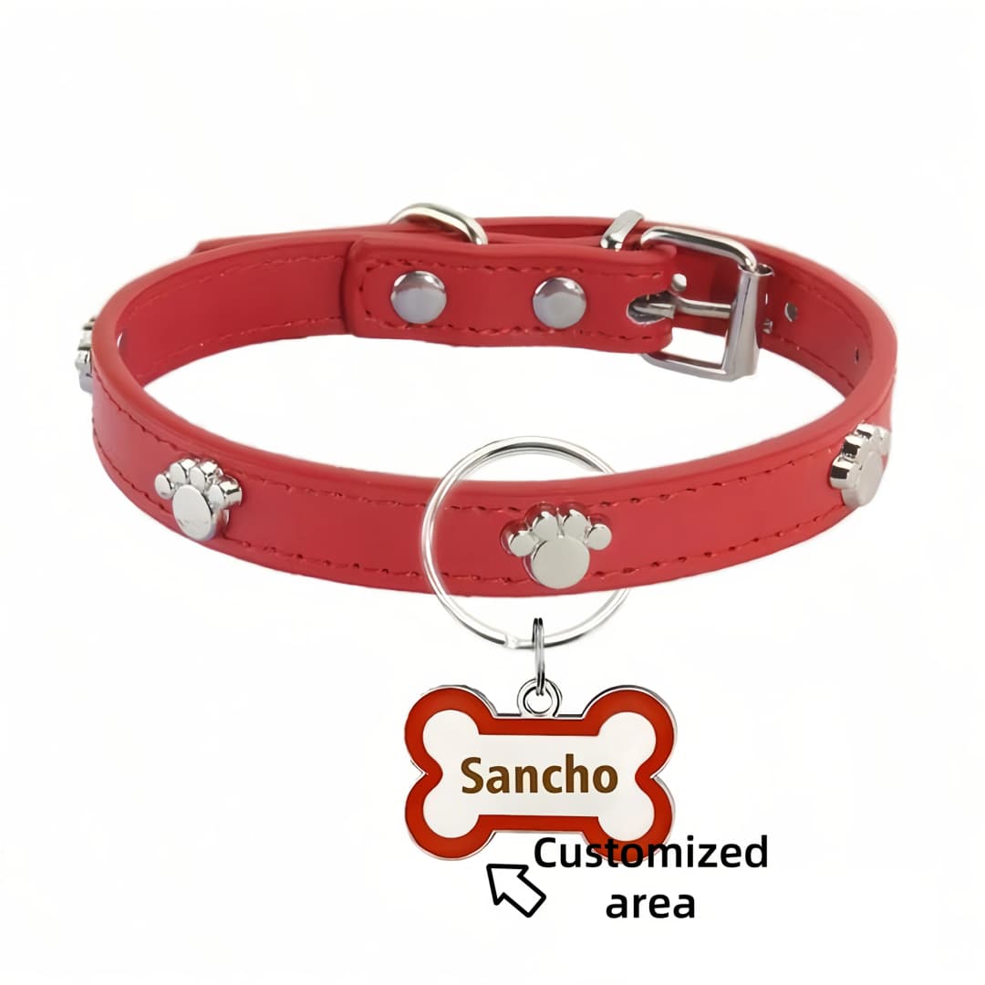 طوق كلاب مخصص من الجلد مع بطاقة على شكل عظم، نقش مزدوج باسم الحيوان الأليف ورقم الهاتف، زخرفة معدنية مقاومة للفقدان - 5