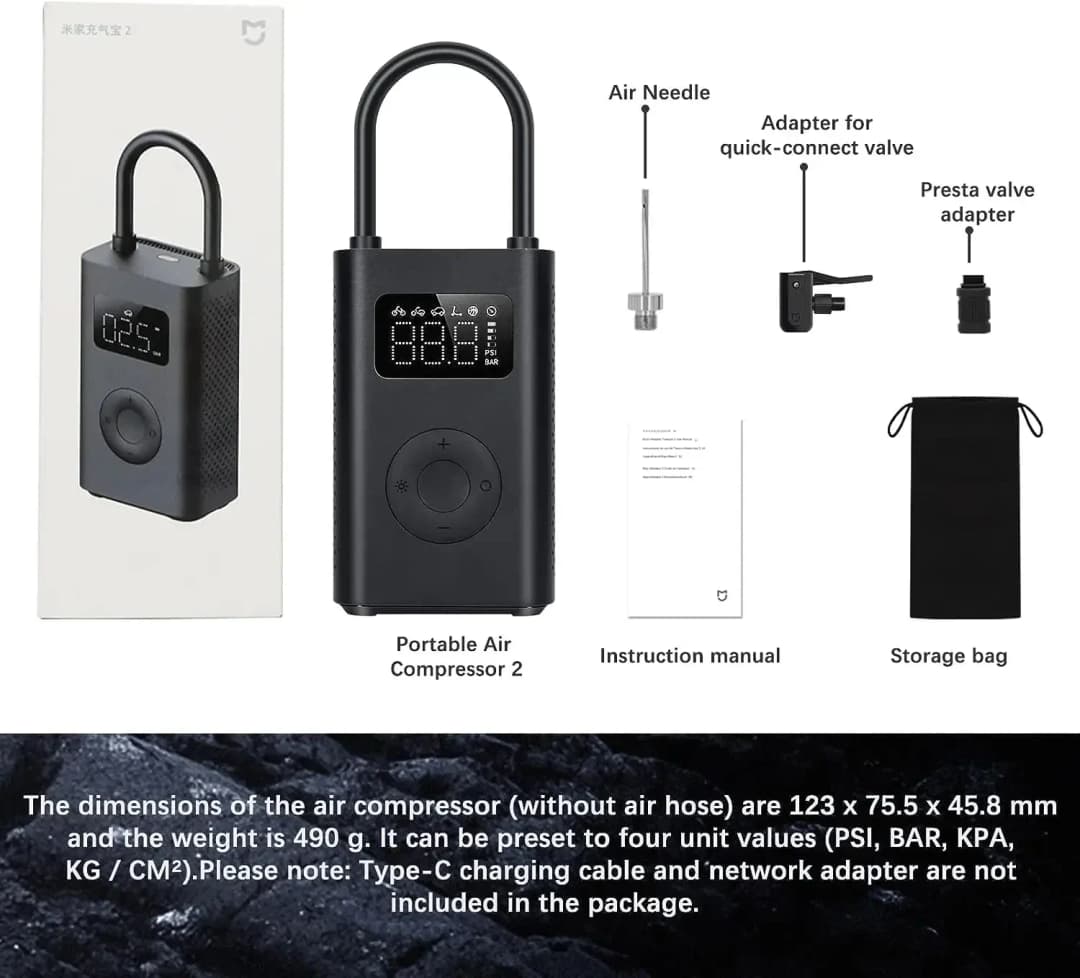 ضاغط هواء محمول من شاومي ميجيا 2/2D، منفاخ إطارات رقمي، مضخة هواء كهربائية مع مصباح LED للسيارات والدراجات النارية والدراجات الهوائية - 6