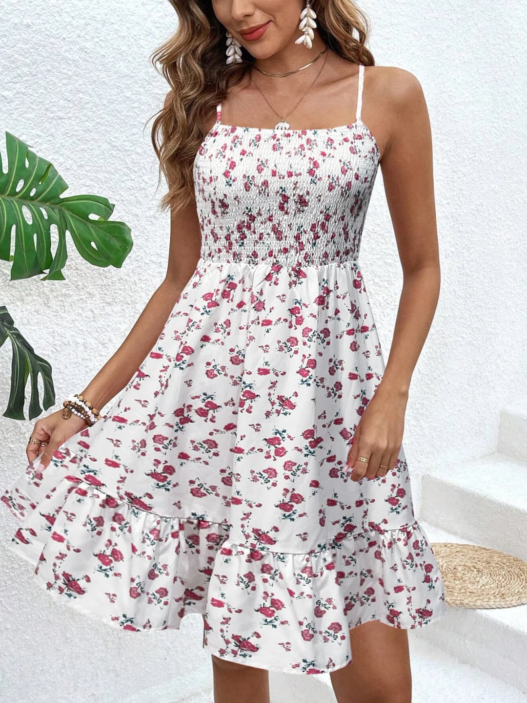Women's Floral Print Shirred Spaghetti Strap Dress - Summer Boho Ruffle Sundress Casual Beach Maxi Dress - 3