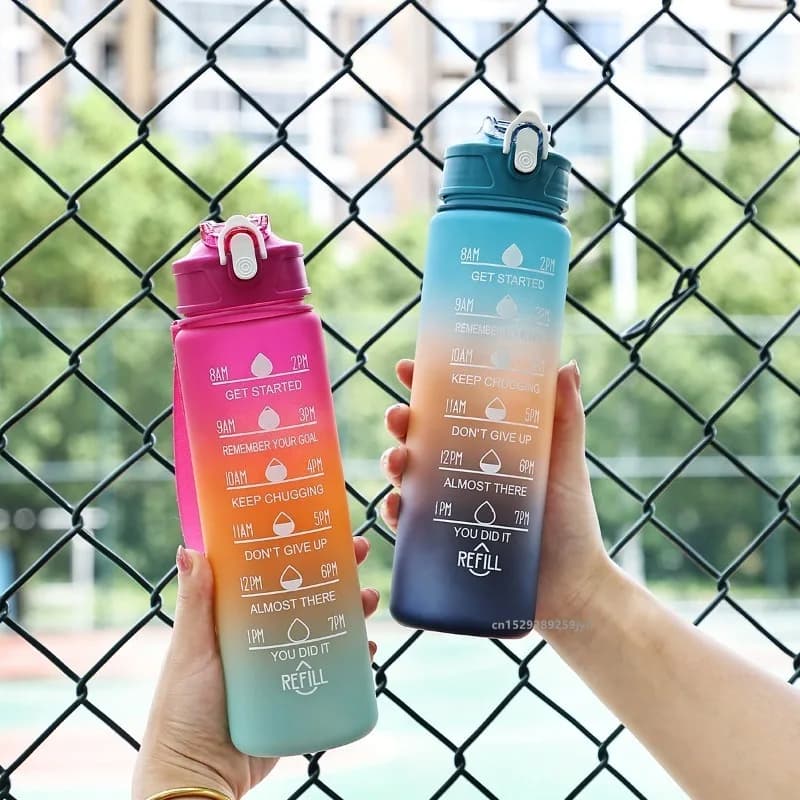 1pc Gradient Sports Water Bottle with Straw & Time Marker for Outdoor Fitness Hiking & Gym Leakproof Travel Water Bottle - 2