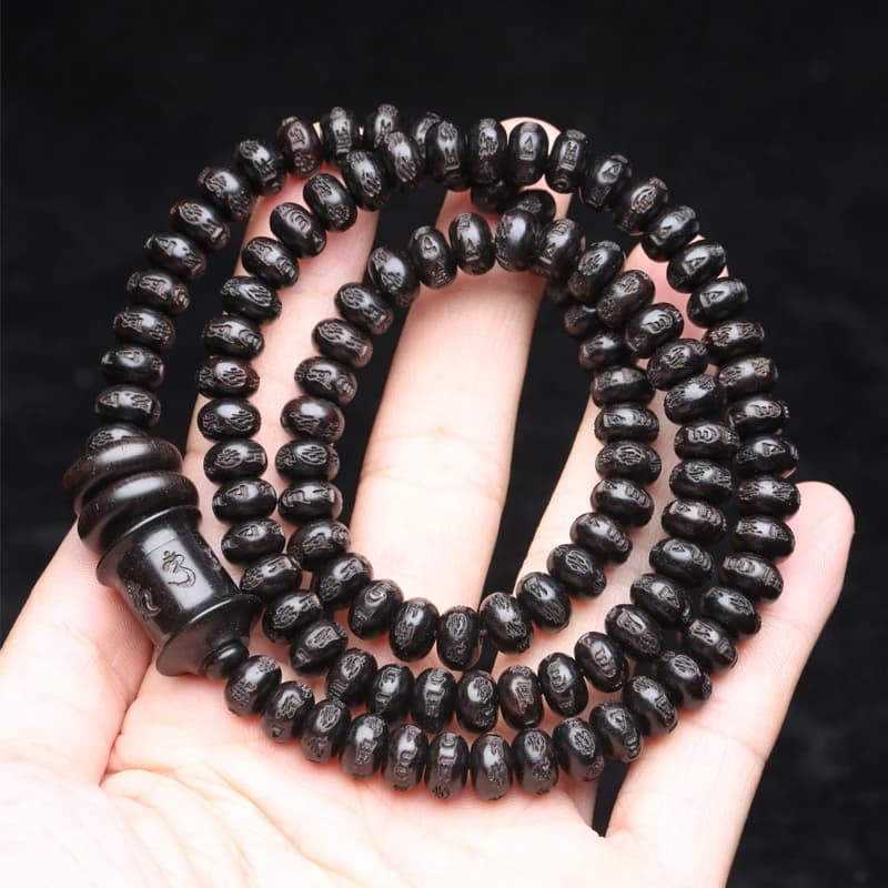 الطبيعية الأبنوس البوذية التبتية Sutra الجولة ستة أحرف الحقيقة الكلمات 6 مللي متر x 8 مللي متر 108 الخرز مالا قلادة التأمل الوردية - 2