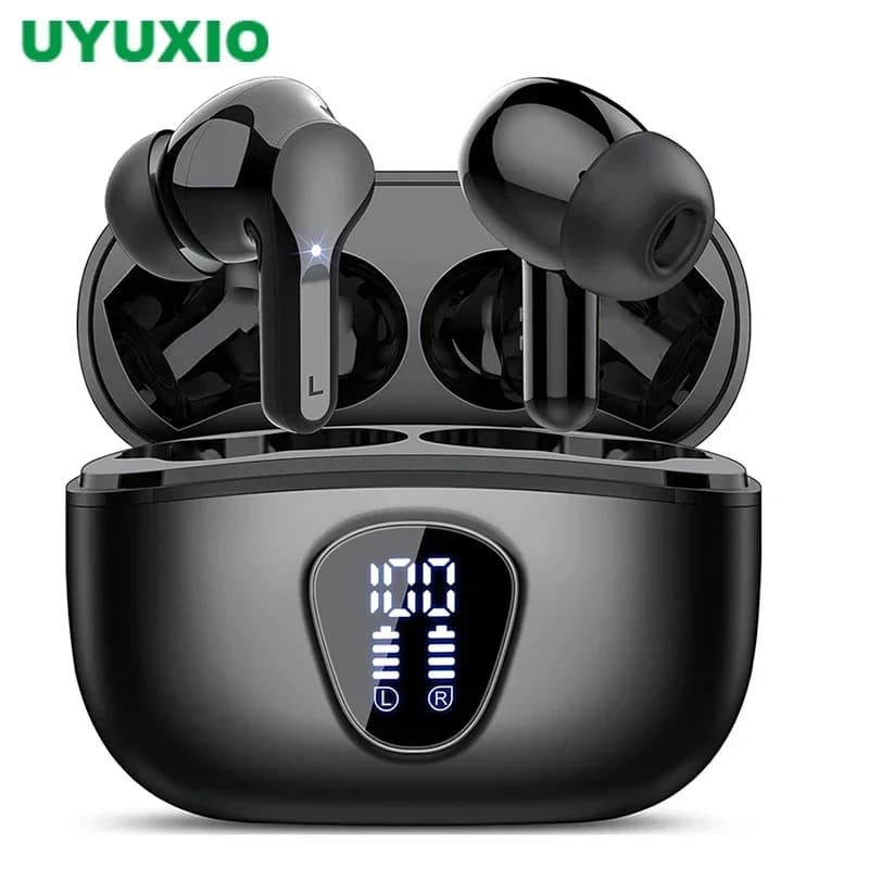سماعات أذن لاسلكية UYUXIO BT5.4 مع شاشة LED تدوم 48 ساعة سماعات ستيريو HIFI مقاومة للماء IP7 مع إلغاء الضوضاء