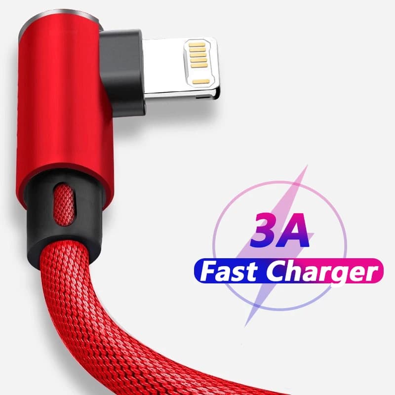 كابل USB بزاوية 90 درجة لهواتف iPhone 14 و13 و12 و11 Pro Max وX وXR و6s و7 و8 Plus بطول 2م و3م كابل شحن سريع وبيانات