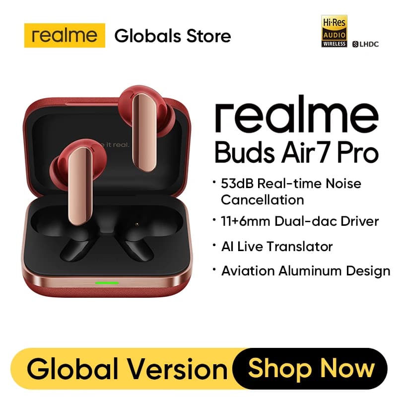سماعات realme Buds Air7 Pro TWS النسخة الروسية 53dB 6 ميكروفون إلغاء الضوضاء مترجم مباشر بالذكاء الاصطناعي مشغل ثنائي 11+6 ملم IP55