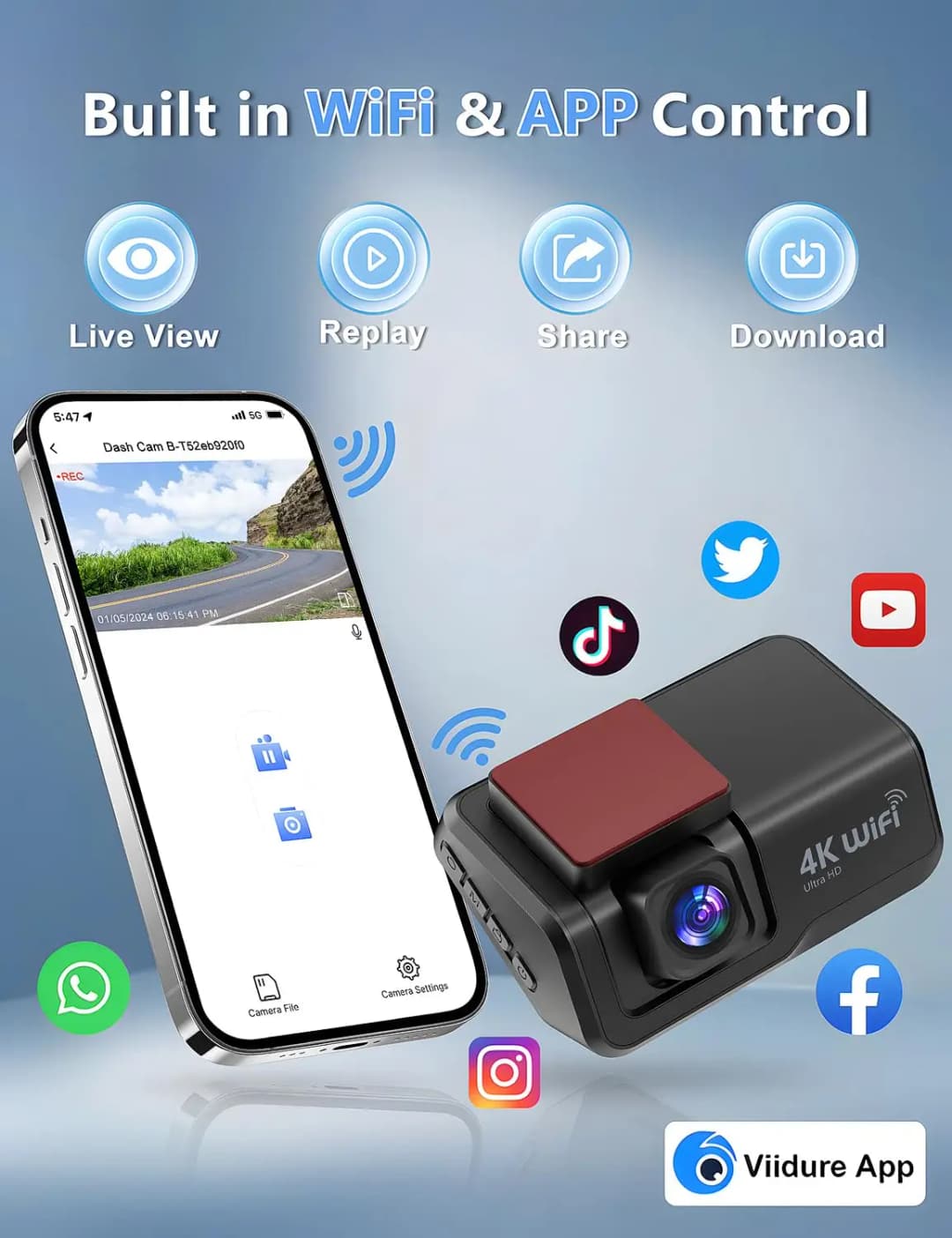 كاميرا داش Kocam بدقة 4K UHD، كاميرا أمامية وخلفية مزدوجة العدسة مع رؤية ليلية 24 ساعة، شاشة ركن السيارة، وصندوق أسود - 4