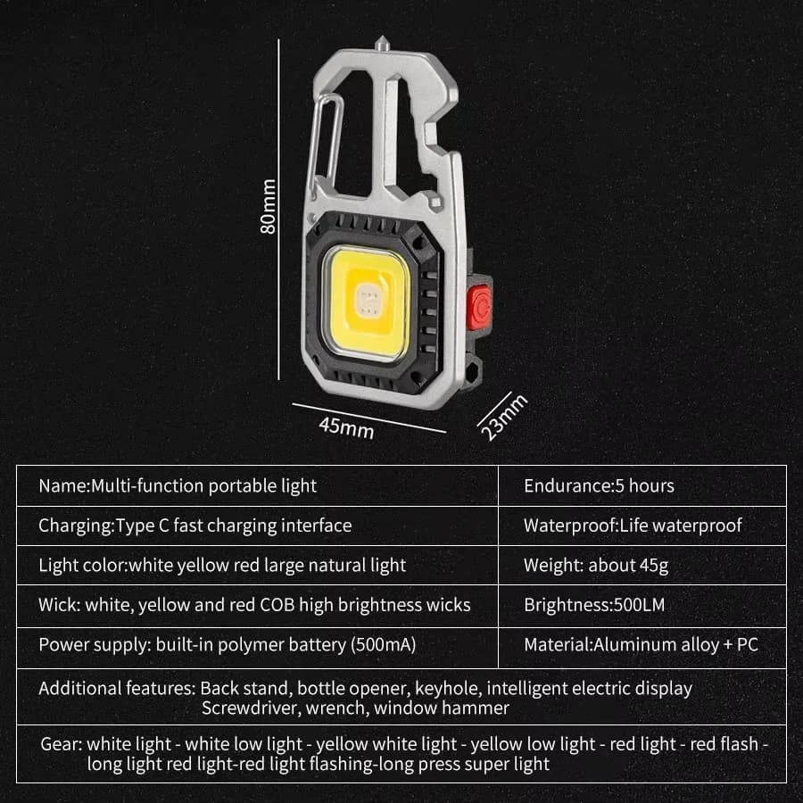 كشاف صغير متعدد الوظائف مع سلسلة مفاتيح، كشاف محمول قابل لإعادة الشحن، مصباح طوارئ للتخييم في الهواء الطلق - 2