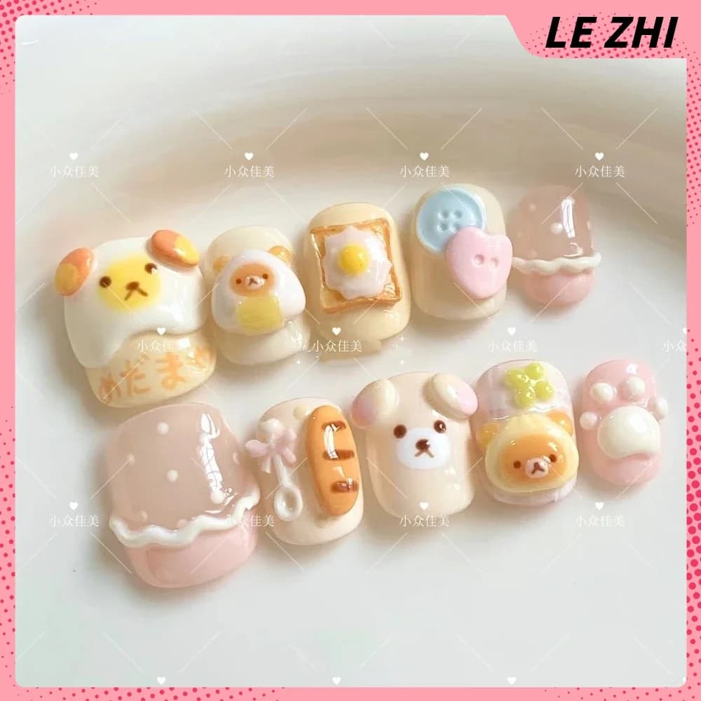 10Pcs Kawaii Rilakkuma Handmade Press On Nail Art Cartoon 3D Bowknot Strawberry Four Leaf Clover Pearl Nails Party Sticker - 4
