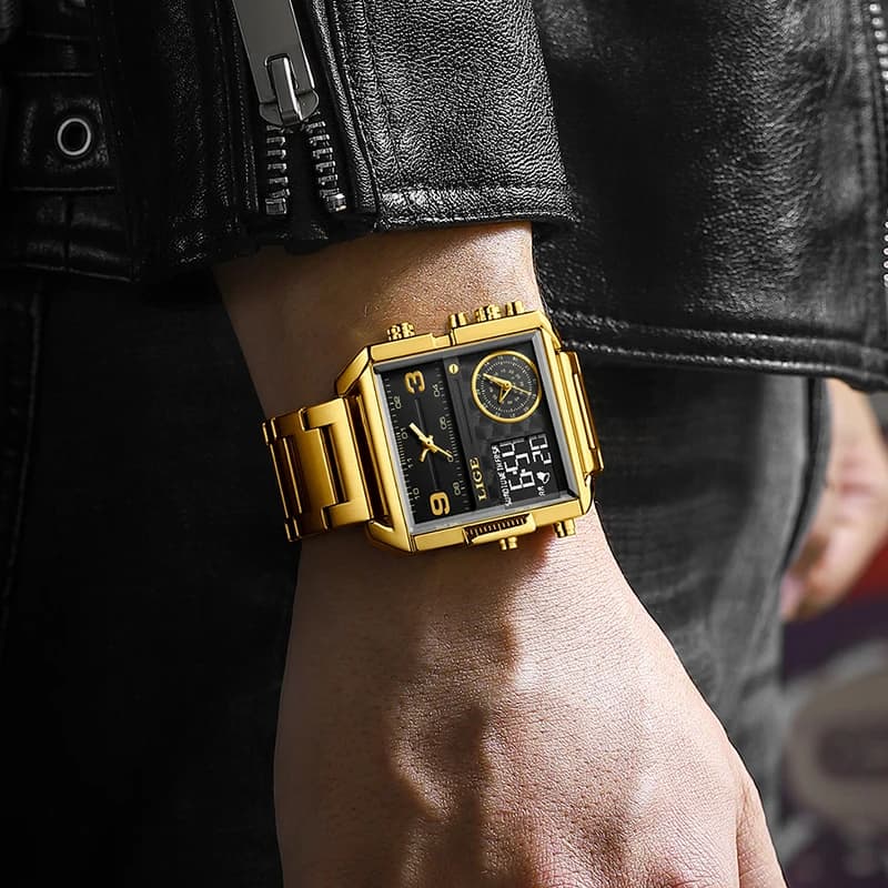 LIGE New Top Brand Luxury Fashion Men Watches Gold Steel Sports Square Digital Analog Big Quartz Watch for Man relogio masculino - 5