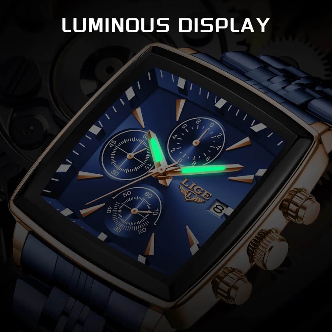 LIGE Luxury Square Sport Man Wristwatch Waterproof Luminous Chronograph Quartz Men's Watches Stainless Steel Men Watch Reloj - 3