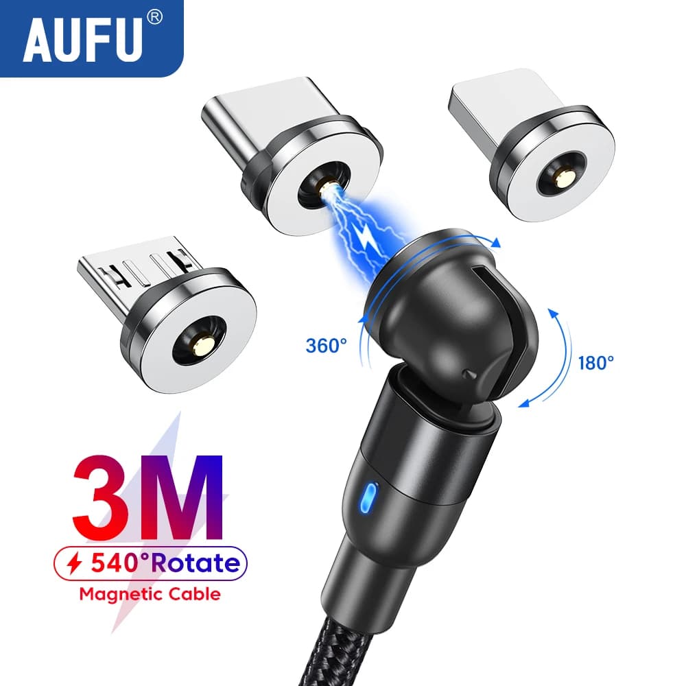 كابل مغناطيسي دوار AUFU 540 Type C 3 في 1 كابل شحن سريع لأجهزة آيفون وشاومي وسامسونج وهواوي مايكرو USB سلك شحن مغناطيسي