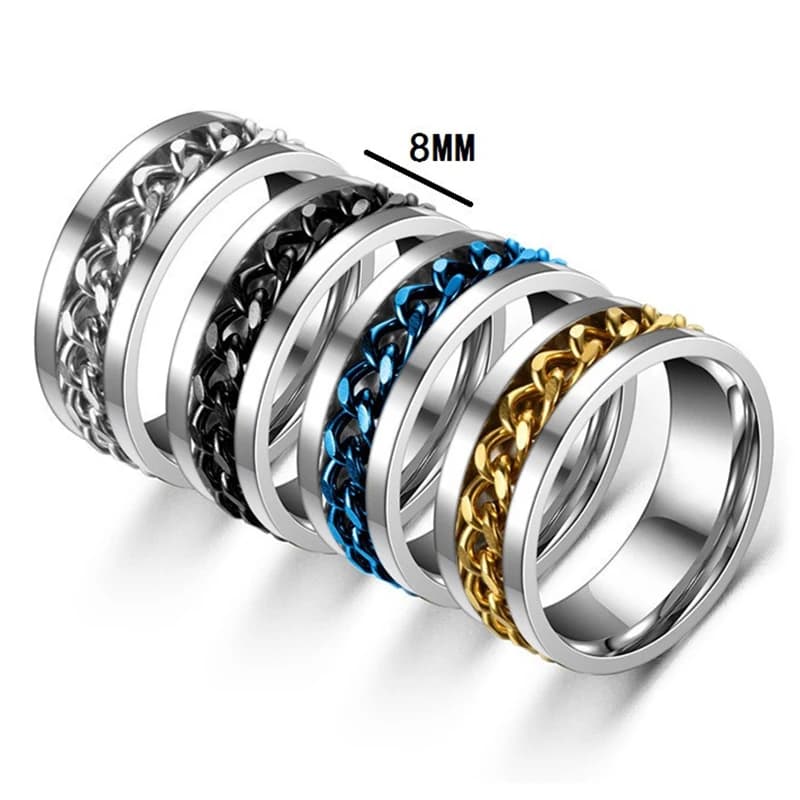 Fashion Anxiety Fidget Rings Relaxing Stainless Steel Rotatable Chain Ring for Men Women Spinner Jewelry Gold Black Bague Homme - 2