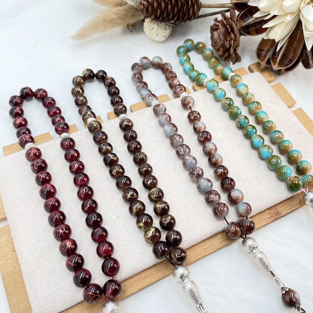 Colorful Islamic Prayer Beads with Metallic Tassel, Muslim Glass Tasbih Bracelet for Ramadan Valentine's Thanksgiving Gift Idea
