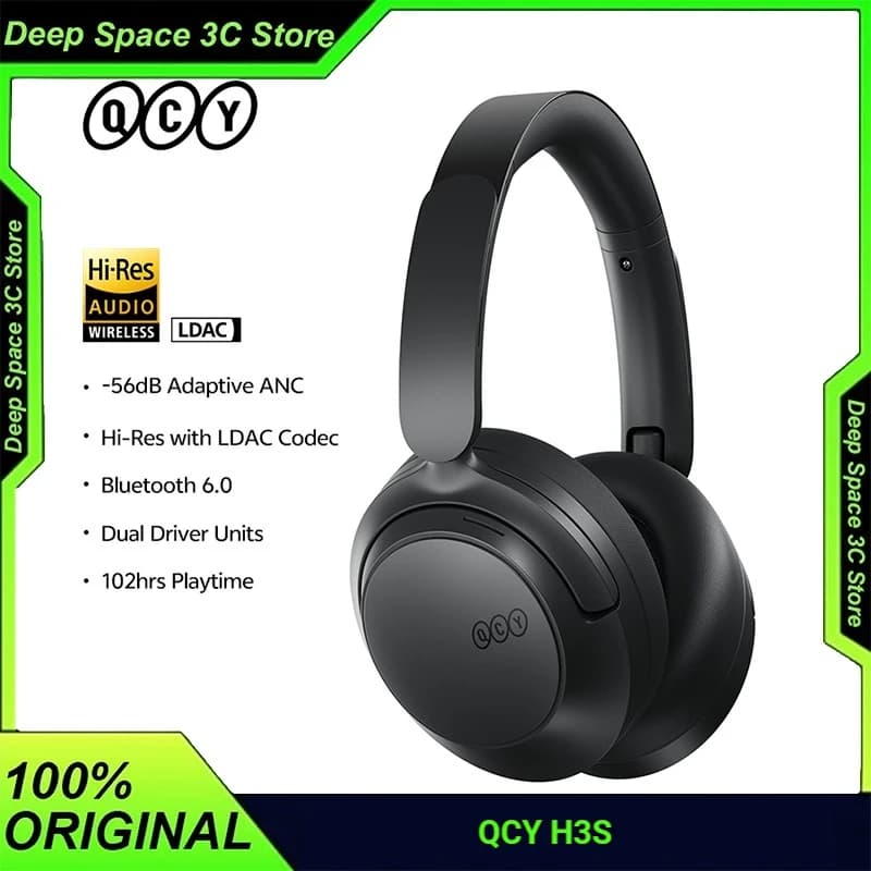 سماعات رأس QCY H3S مع إلغاء الضوضاء حتى 56 ديسيبل وتقنية بلوتوث 6.0 وصوت عالي الدقة LDAC مع مشغل مزدوج وصوت محيطي